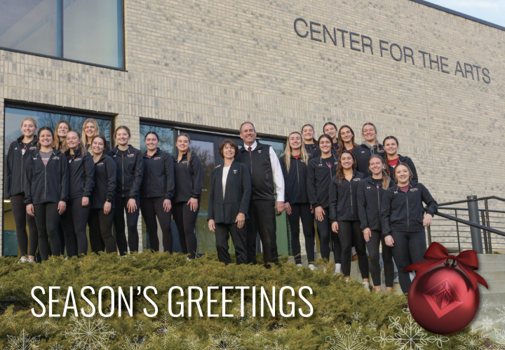 President Alan LaFave on the steps to the Center for the Arts with the VCSU volleyball team.